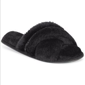 INC Black Faux-Fur Crossband Slippers Slides Women's Extra Large 11-12 New
